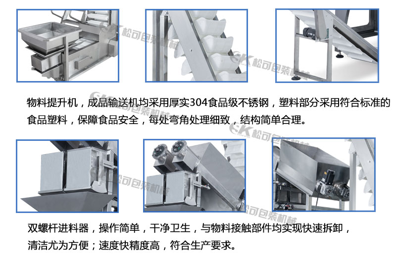 上料機(jī)，成品輸送機(jī)，兩頭螺桿秤細(xì)節(jié)描述圖